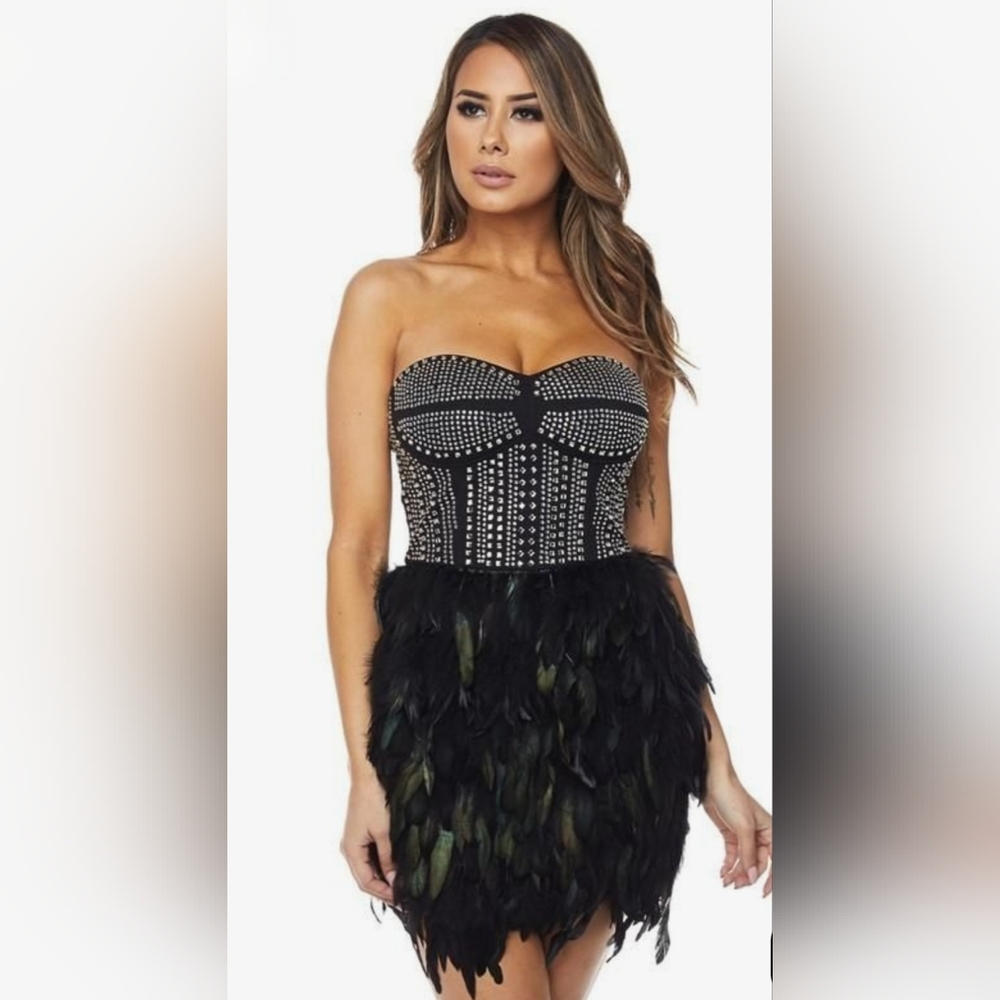 Fashion Nova Black Strapless Studded Feather Mini Dress